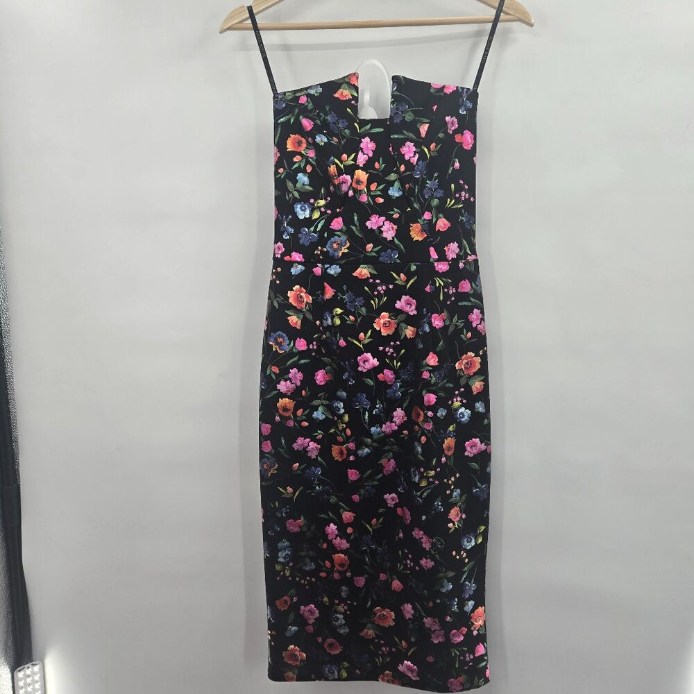 Black Halo Black Floral Embroidered Metallic Strapless Sheath Midi Dress Size 0